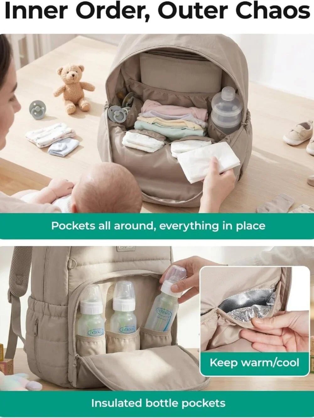 Multi-Pocket Waterproof Diaper Bag Backpack with Changing Pad & Insulated